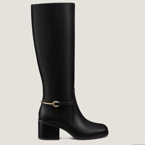 Brand New Stuart Weitzman “Cecily Boot” Black Heeled Boots with Gold Accent